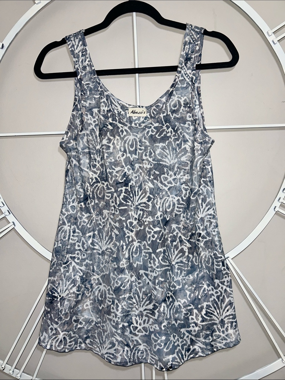 Abaco's 100% Silk Slate Blue and White Batik Print Scoop Neck Tank